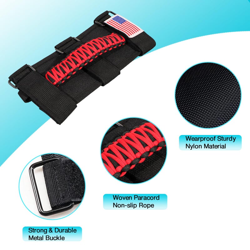 GAIZON 4 Pack Grab Handles Paracord Roll Bar for Jeep Wrangler Accessories CJ YJ TJ JL JK LJ JLU JKU Sahara Freedom Rubicon Gladiator JT 1955-2023 Interior Accessories with America Flag(Red) - Image 3
